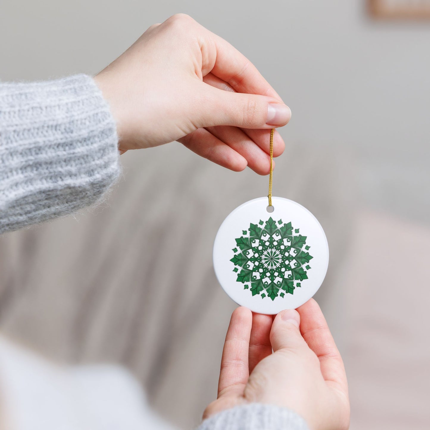 Green Mandala Ceramic Ornament — Decorative Holiday Tree Hanging