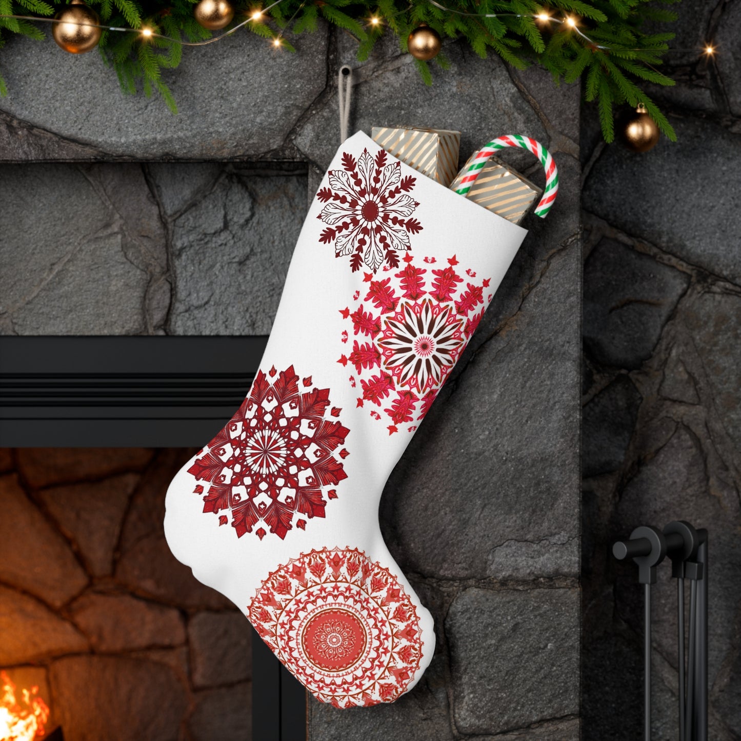 Scarlet Snowflake Mandala Christmas Stocking -Just Gigi IFYKYK
