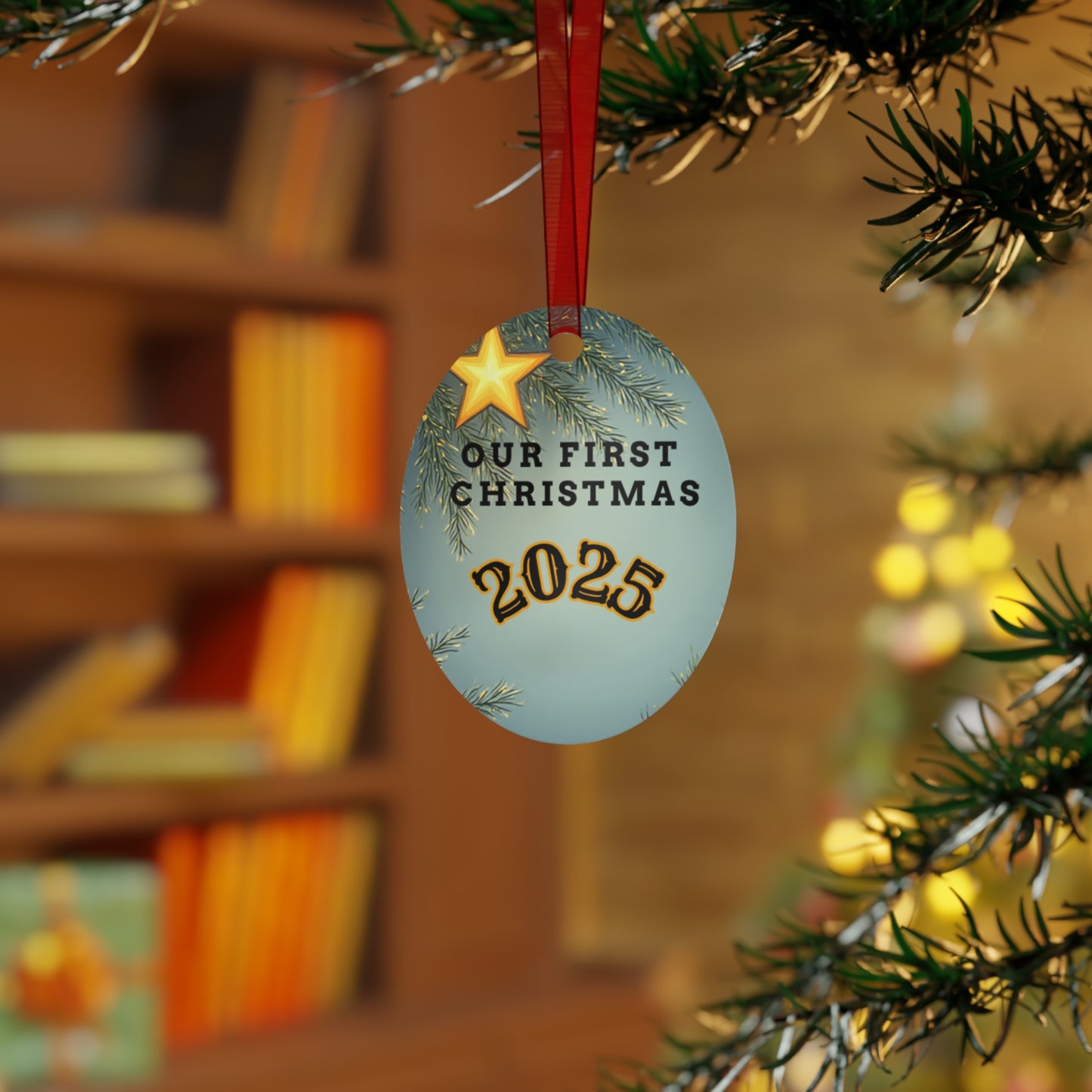 First Christmas 2025 Metal Bell Ornament — Romantic Couple Silhouette Holiday Keepsake