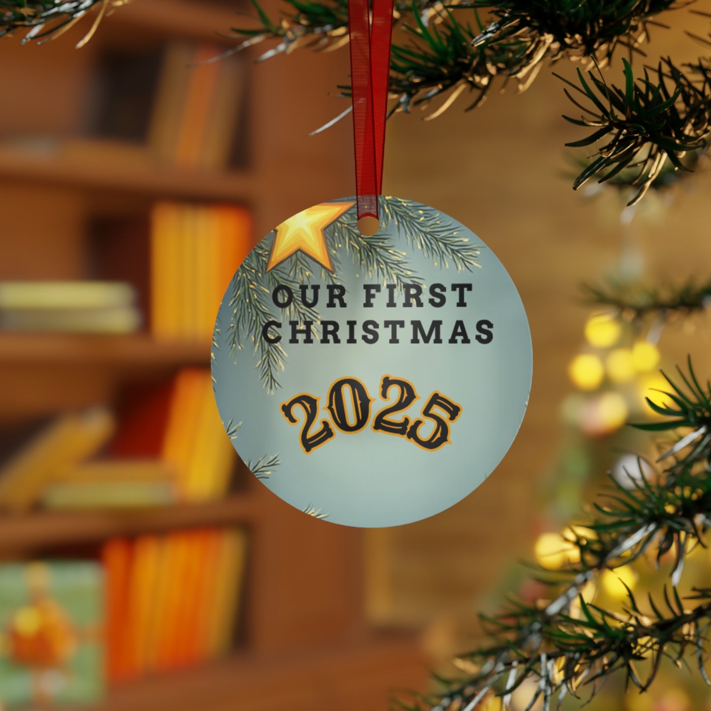 First Christmas 2025 Metal Bell Ornament — Romantic Couple Silhouette Holiday Keepsake