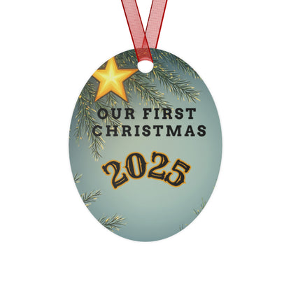 First Christmas 2025 Metal Bell Ornament — Romantic Couple Silhouette Holiday Keepsake