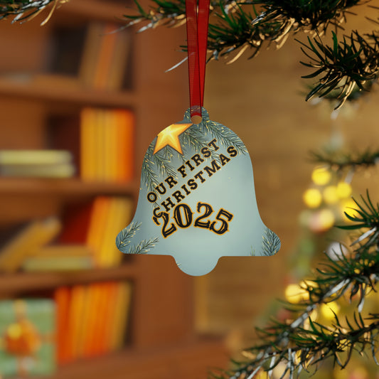 First Christmas 2025 Metal Bell Ornament — Romantic Couple Silhouette Holiday Keepsake