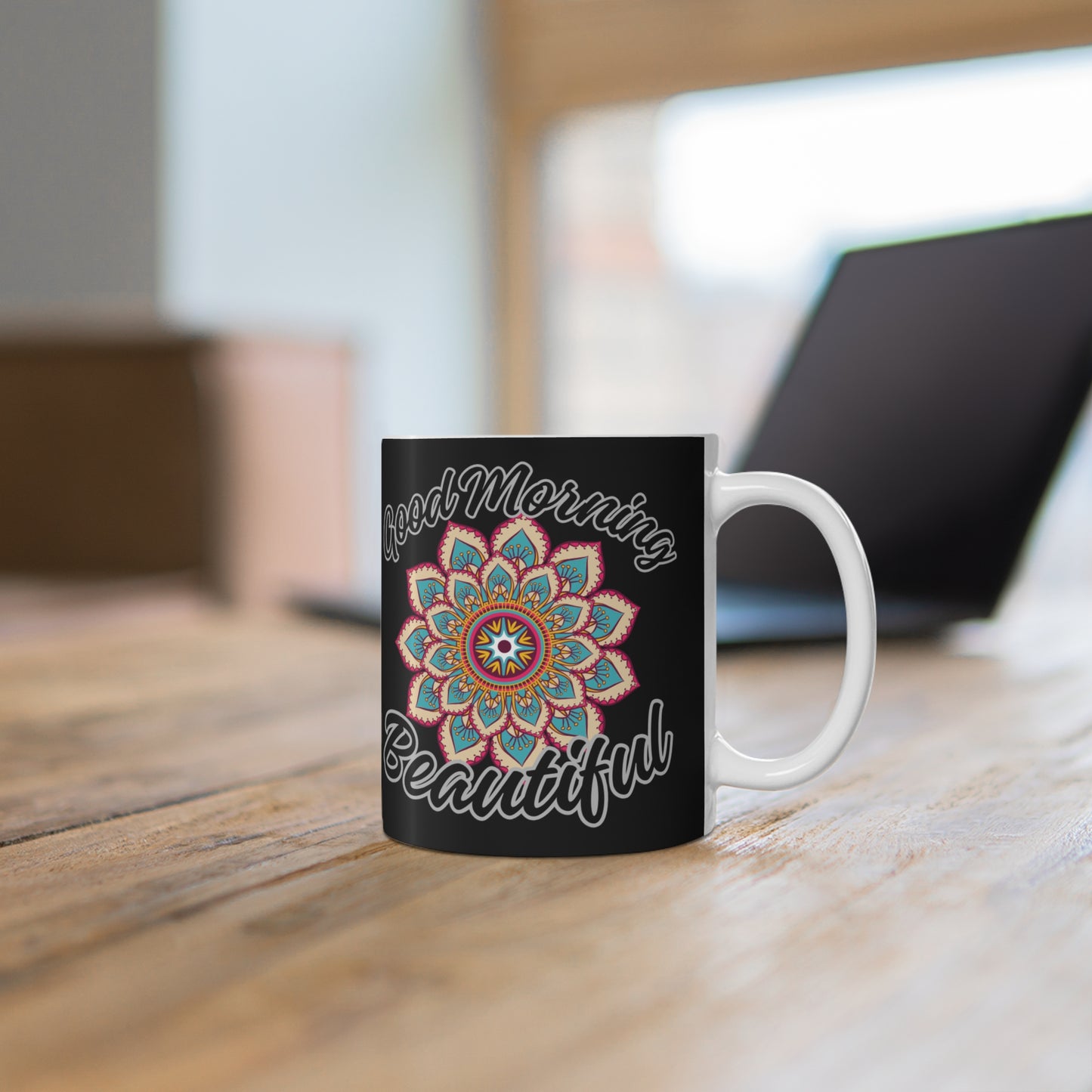 Good Morning Beautiful Mandala Mug in black Just Gigi IFYKYK