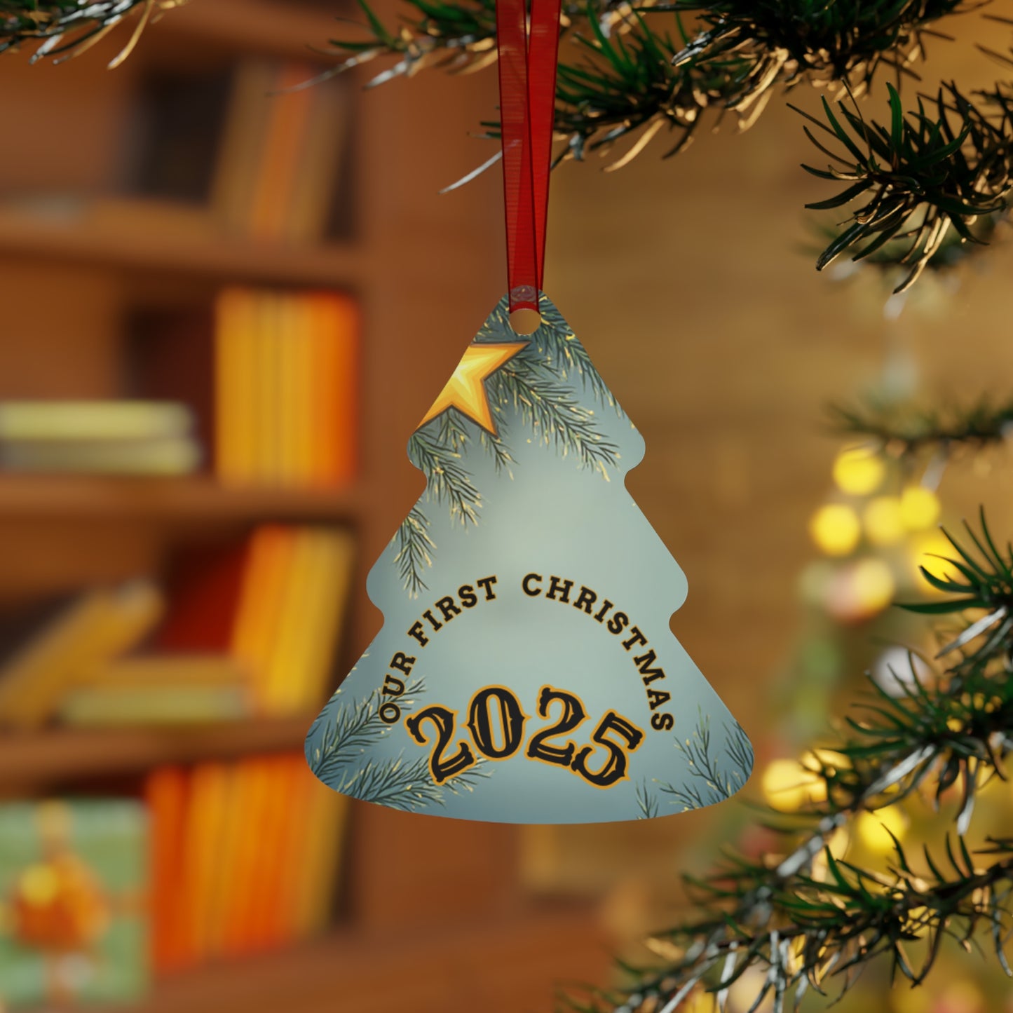 First Christmas 2025 Metal Bell Ornament — Romantic Couple Silhouette Holiday Keepsake