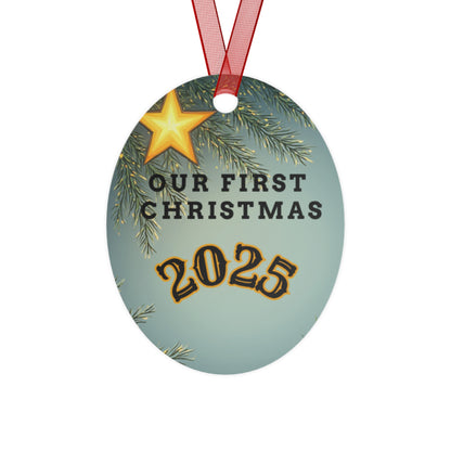 First Christmas 2025 Metal Bell Ornament — Romantic Couple Silhouette Holiday Keepsake