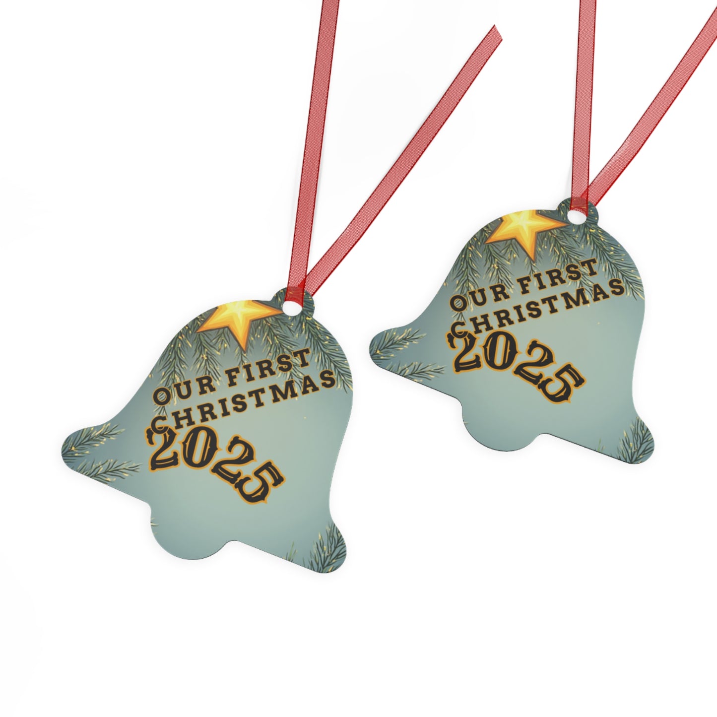 First Christmas 2025 Metal Bell Ornament — Romantic Couple Silhouette Holiday Keepsake