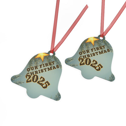 First Christmas 2025 Metal Bell Ornament — Romantic Couple Silhouette Holiday Keepsake