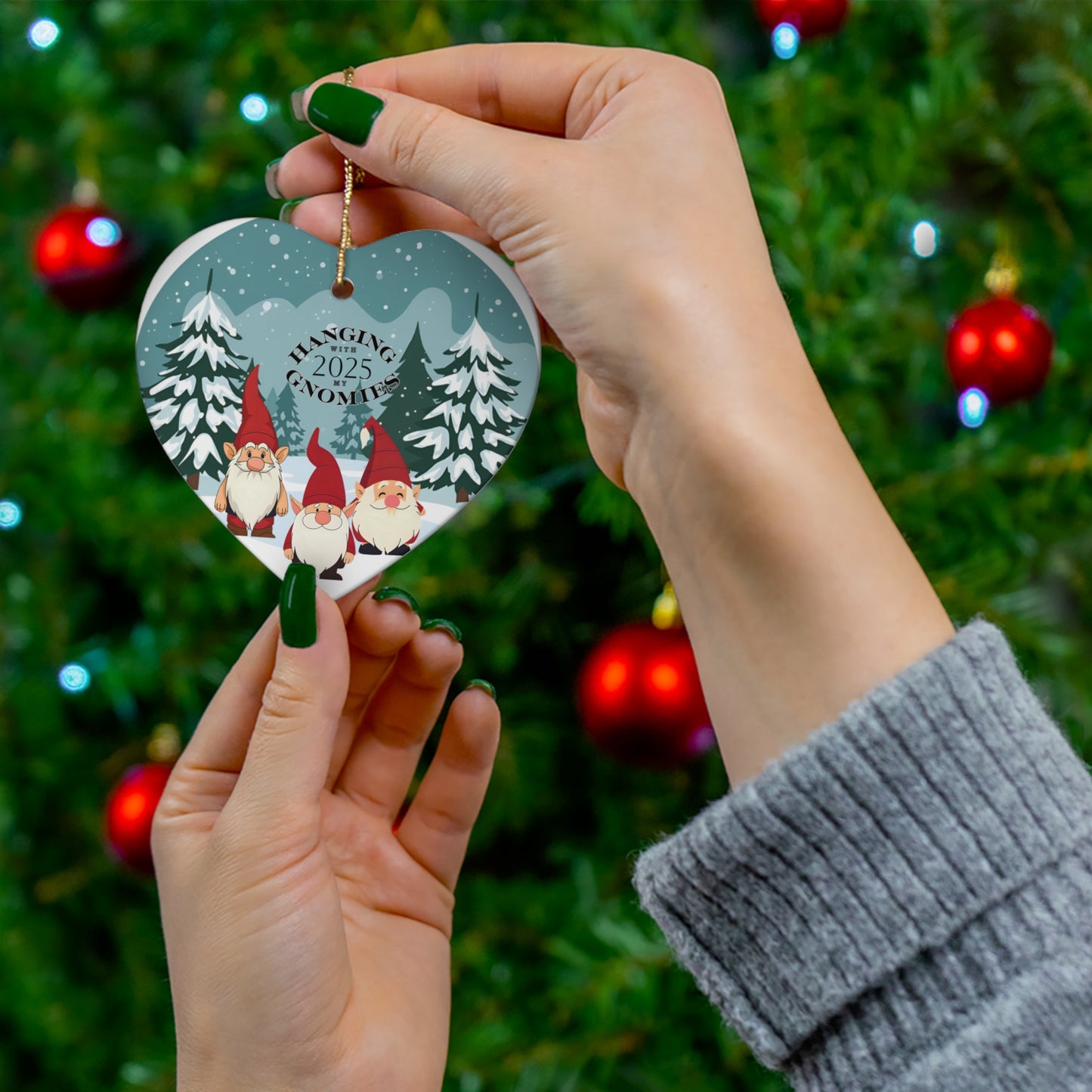Hanging With My Gnomies 2025 Ceramic Heart Ornament — Cute Gnome Holiday Decoration